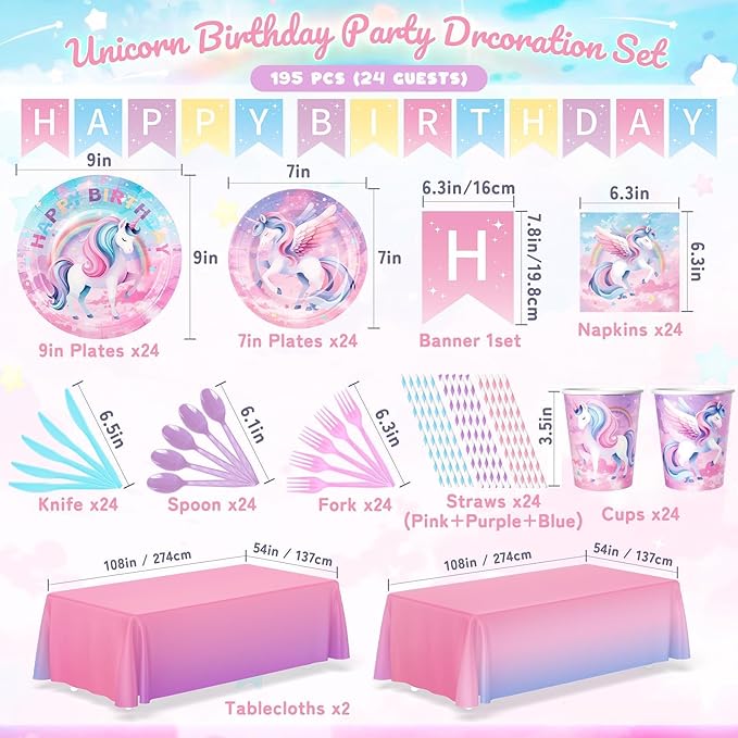 195Pcs Unicorn Birthday Party Supplies with Plates Cups Napkins
