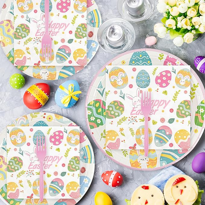 96Pcs Easter Paper Plates and Napkins Easter Eggs Themed Tableware