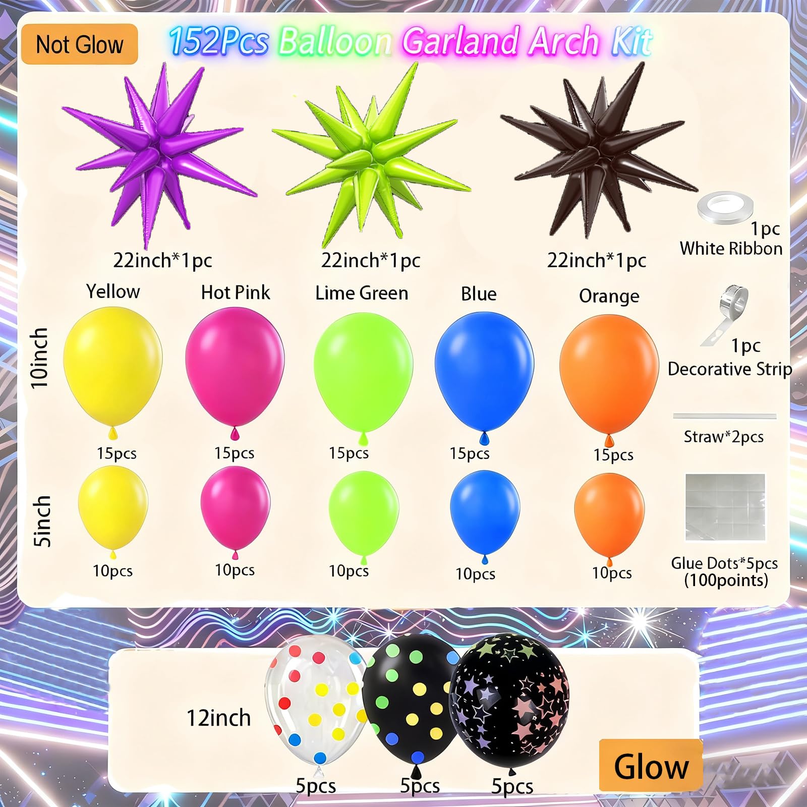 90s 80s Neon Balloon Arch Kit, 152pcs Disco Theme Party Decorations