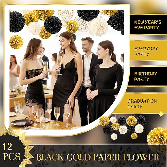 NICROLANDEE Black and Gold Party Supplies for 2026 Graduation - 12PCS