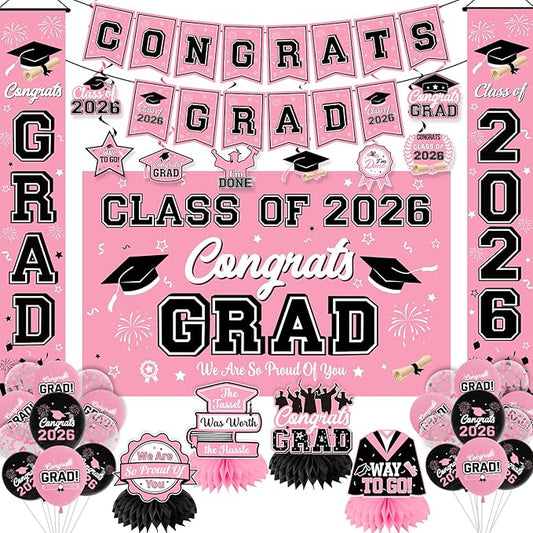 Graduation Decorations 2026 Pink Graduation Party Decor Set include