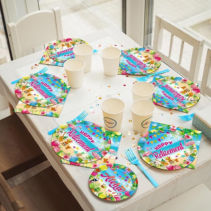 96 Pcs Hawaiian Aloha Retirement Party Plates Luau Tropical Happy