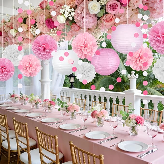 14 Pcs Pink Party Decorations Kit - Tissue Pom Poms, Lanterns & Polka