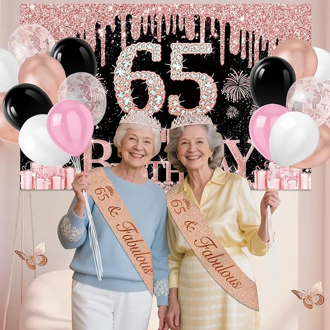 65th Birthday Decorations for Women 49pcs Black Rose Gold Black