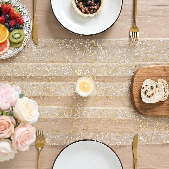 Artoid Mode Gold Gauze Champagne Table Runner 120 Inch 10FT, Glitter