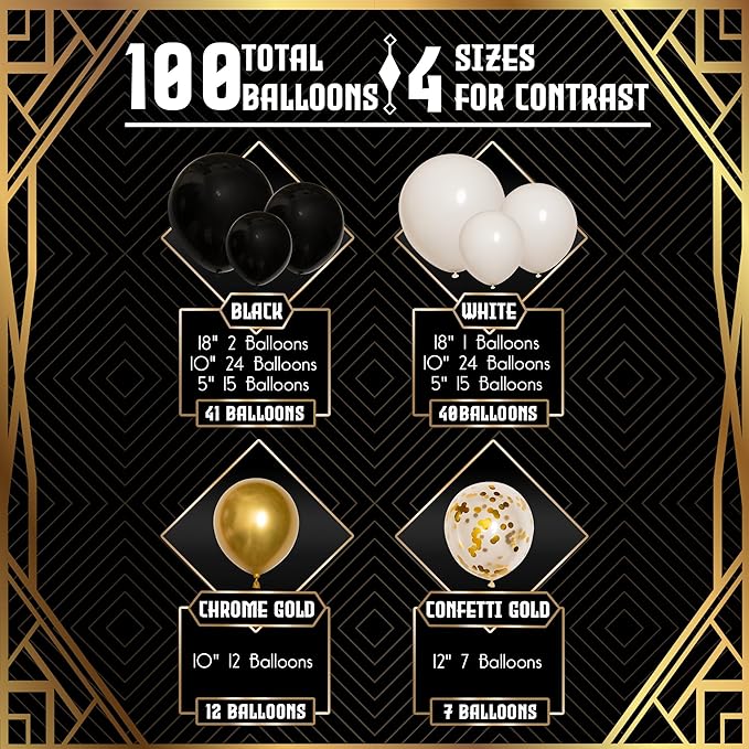 ALL-IN-1 Black White Gold Balloons Garland Kit & Arch – Small and