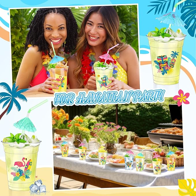 100 Set Hawaiian Luau Party Cups with Umbrella Straws 12 oz Tiki