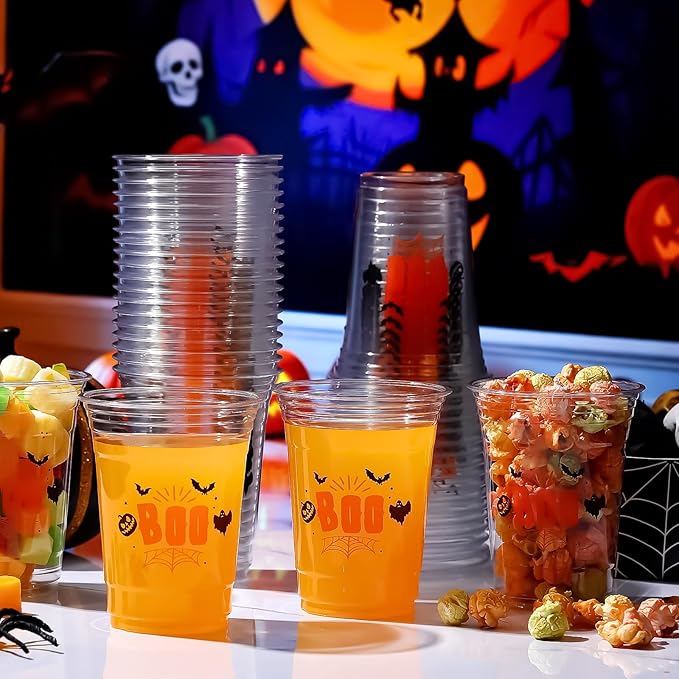 100 Pcs Halloween Plastic Cups Bulk 16 oz Disposable Halloween Boo
