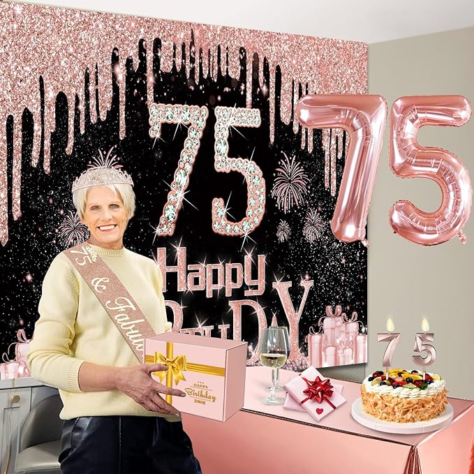 75th Birthday Decorations for Women with Banner Rose Gold Tablecloth