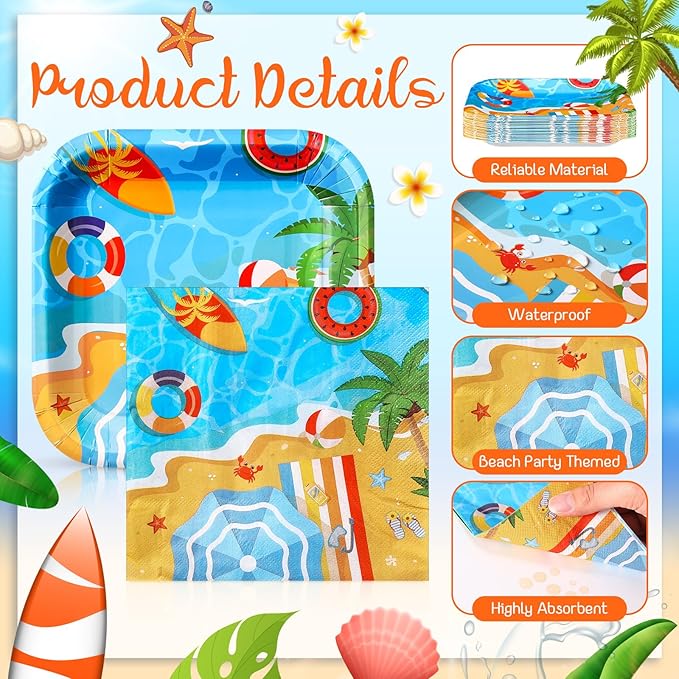 72 Pcs Pool Party Plates and Napkin Serve 36 7 Square Paper Dessert