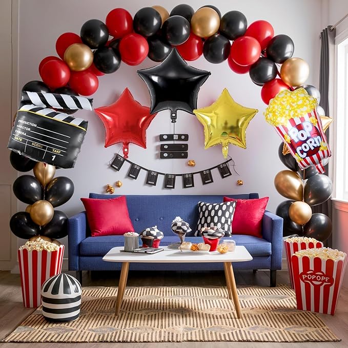 Movie Night Balloon Garland Arch Kit Red Black Gold Balloons with