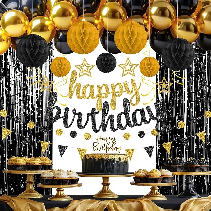 Black and Gold Birthday Party Decorations Set - Happy Birthday Banner