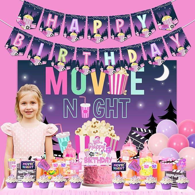 Movie Night Party Decorations Pink & Purple Fantasy Banner Backdrop