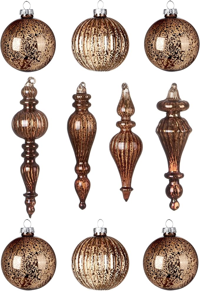 DN DECONATION Mercury Glass Christmas Ornaments, 10pcs Vintage Brown