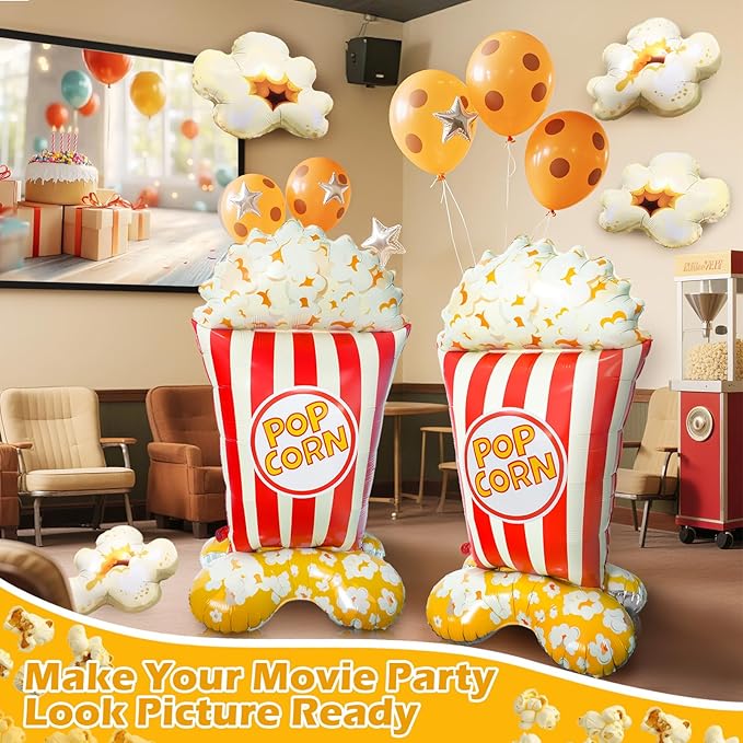6 PCS Popcorn Balloons Set, 2 Jumbo 3.7 FT Standing Popcorn Bucket