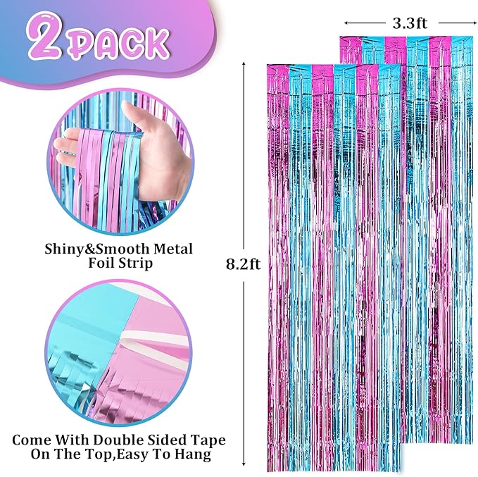 Voircoloria 2 Pack 3.3x8.2 Feet Blue and Pink Foil Fringe Backdrop
