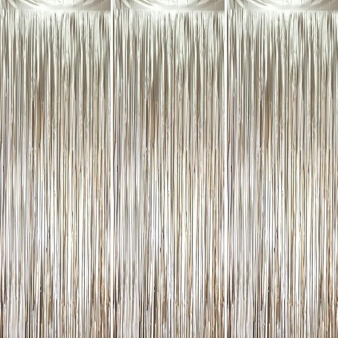 Voircoloria 3 Pack 3.3 x 8.2 ft Matte Champagne Foil Fringe Backdrop