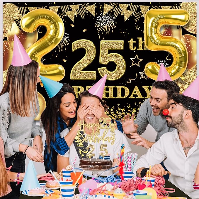 25th Birthday Decorations Men Women with 25th Birthday Banner Black