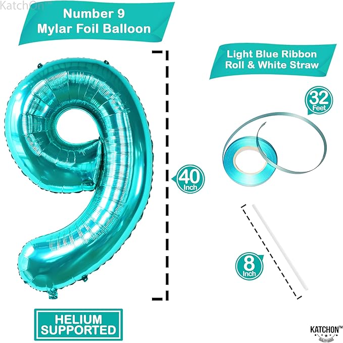 KatchOn, Giant Aqua Blue Number 9 Balloon - 40 Inch | Foil 9 Birthday