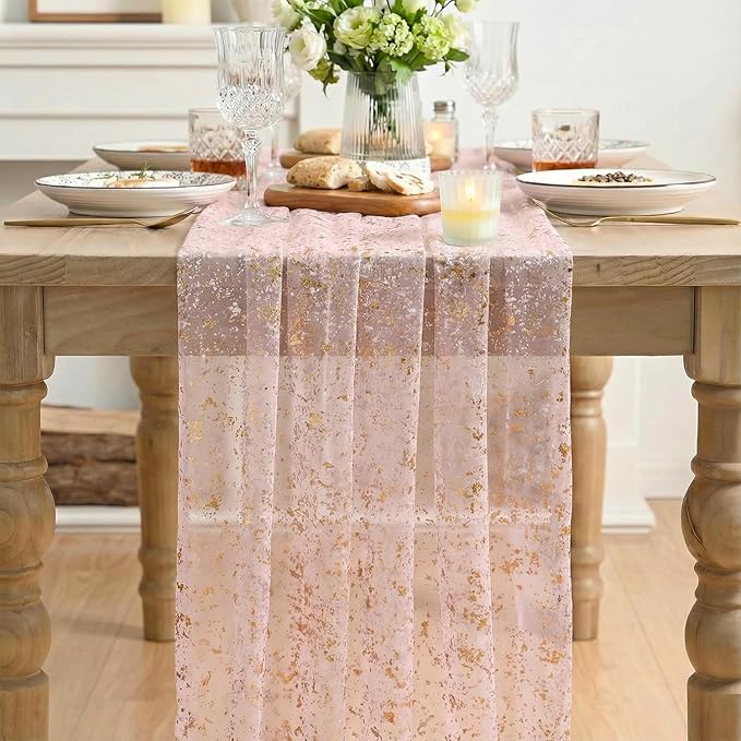 Artoid Mode Gold Gauze Pink Table Runner 120 Inch 10FT, Glitter