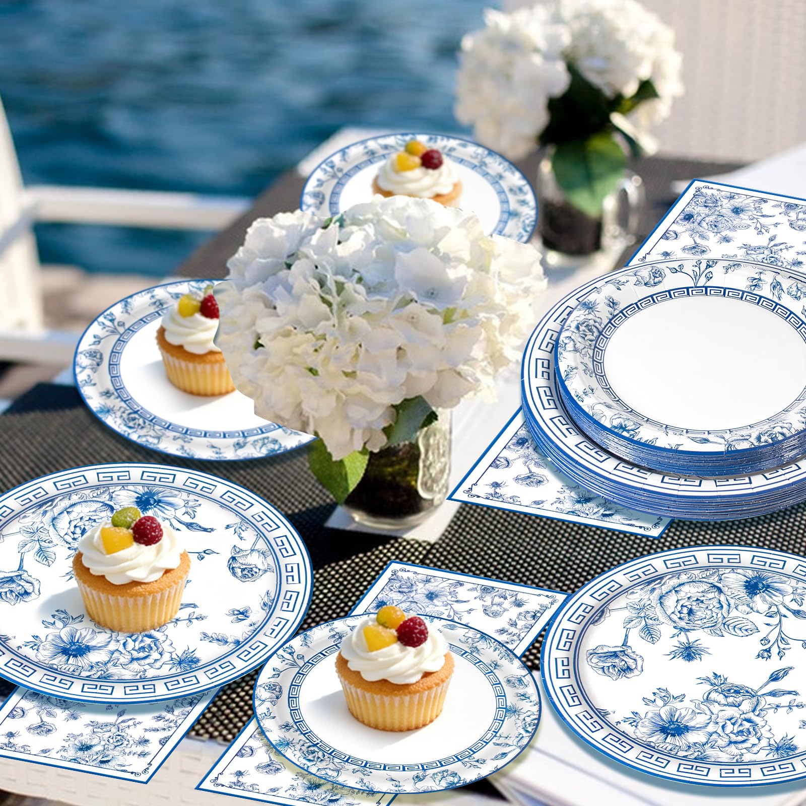 60Pcs Blue White Floral Party Supplies,Blue and White Floral Paper