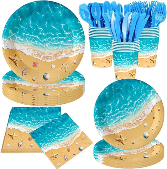 140Pcs Beach Party Supplies Ocean Waves Tableware Set Summer Beach