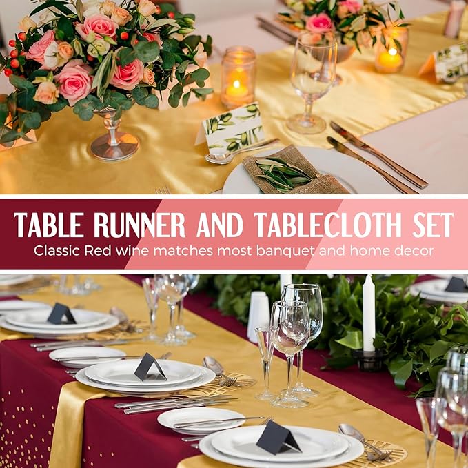 Breling 8 Pack Burgundy and Gold Disposable Plastic Tablecloths and