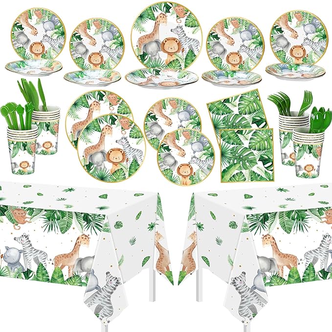 170 Pcs Jungle Safari Baby Shower Tableware Animals Theme Party