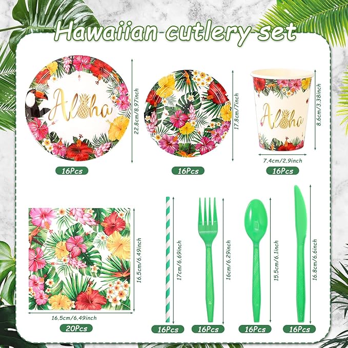 133 PCS Hawaiian Aloha Party Supplies Disposable Dinnerware Set