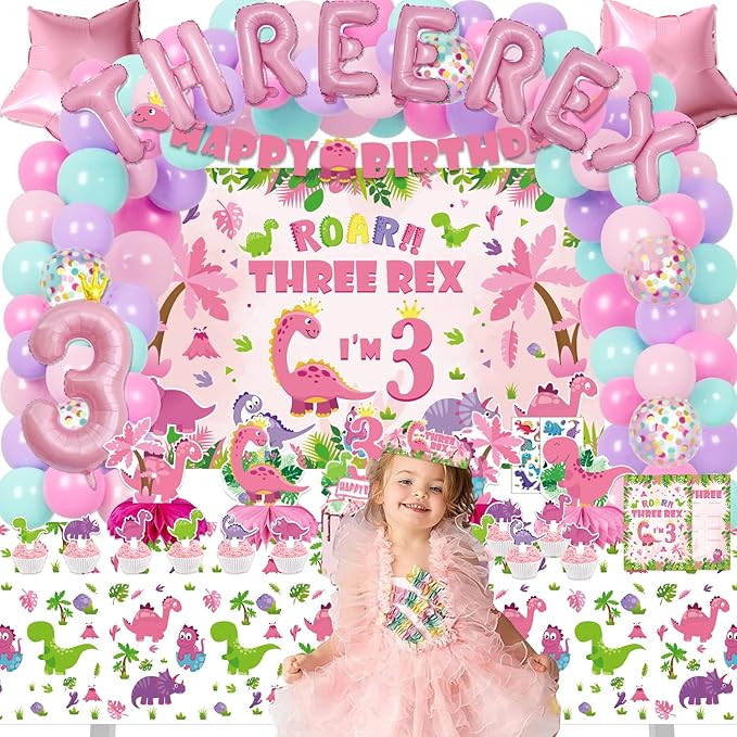 Pink Dinosaur Birthday Decorations for 3 Year Old Girls 134 Pcs