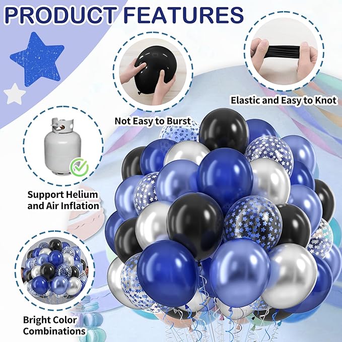 Navy Blue Silver Balloons, 60 Pcs Metallic Pearl Night Blue Black