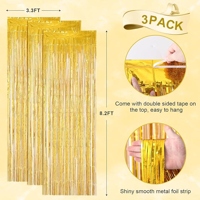 Voircoloria 3 Pack 3.3 x 8.2 ft Laser Gold Foil Fringe Backdrop