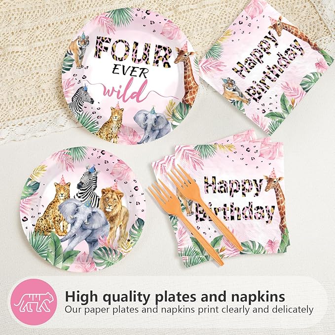 96Pcs Four Ever Wild Birthday Decorations Safari Animal Theme 4th