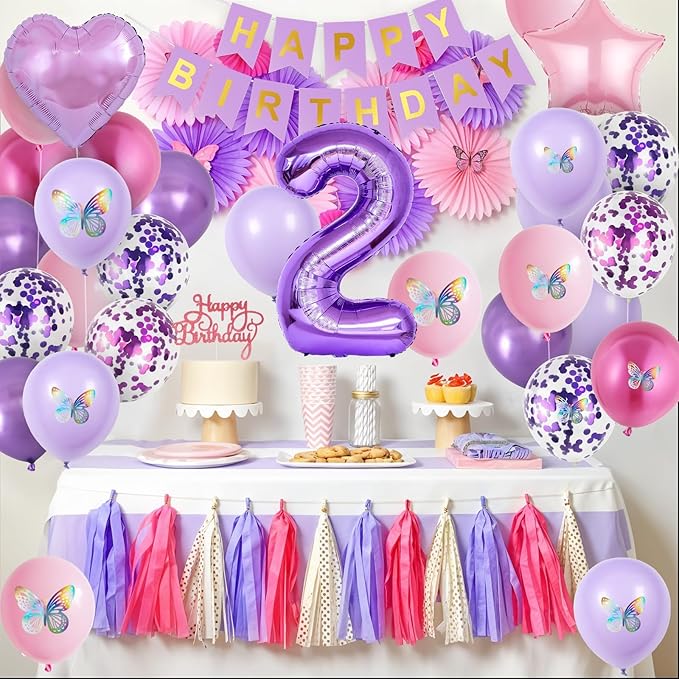 2nd Birthday Decoration for Girls,Pink Purple 2nd Balloon Number 2