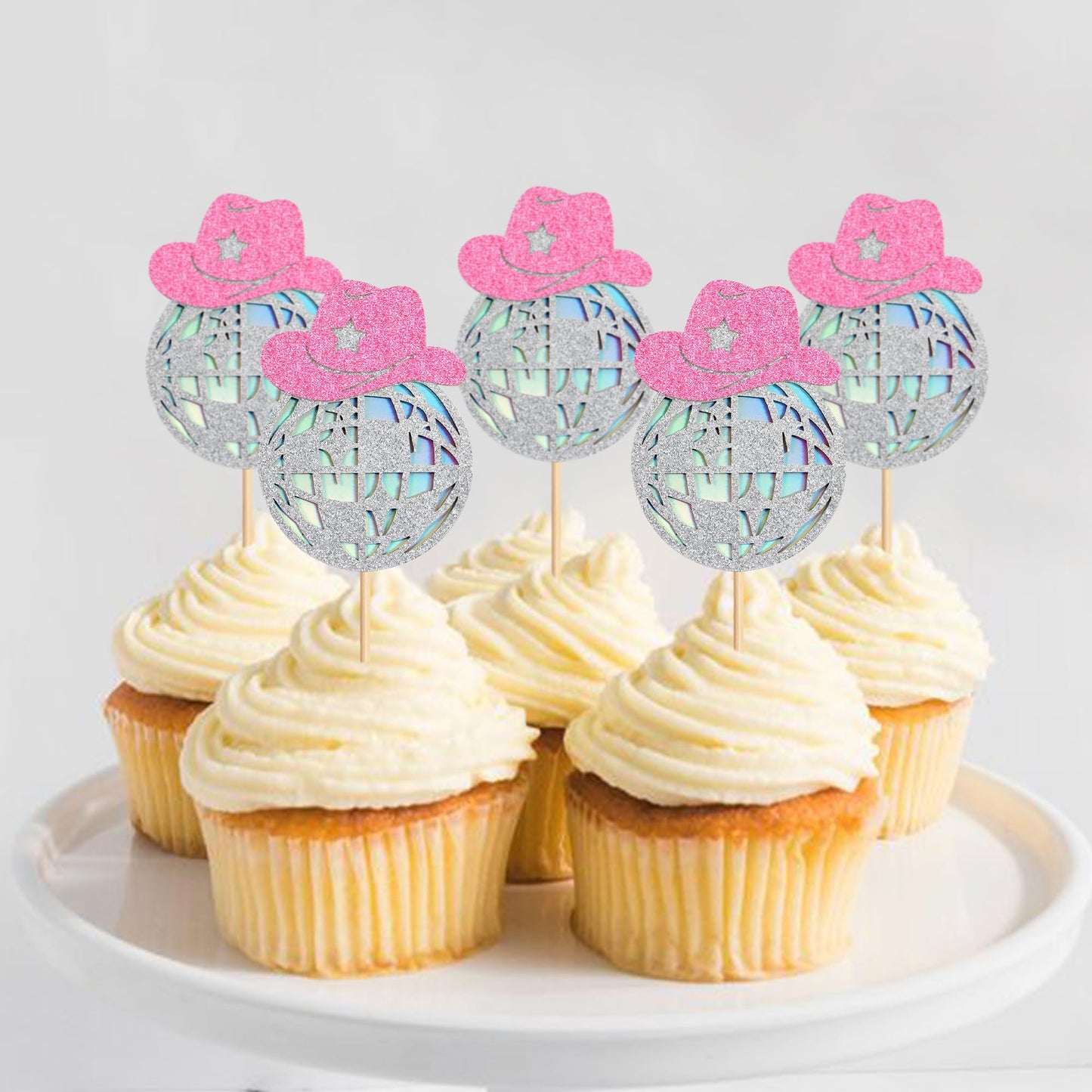 Cyodoos 24 Sparkling Disco Ball Cowboy Hat Cupcake Topper Western