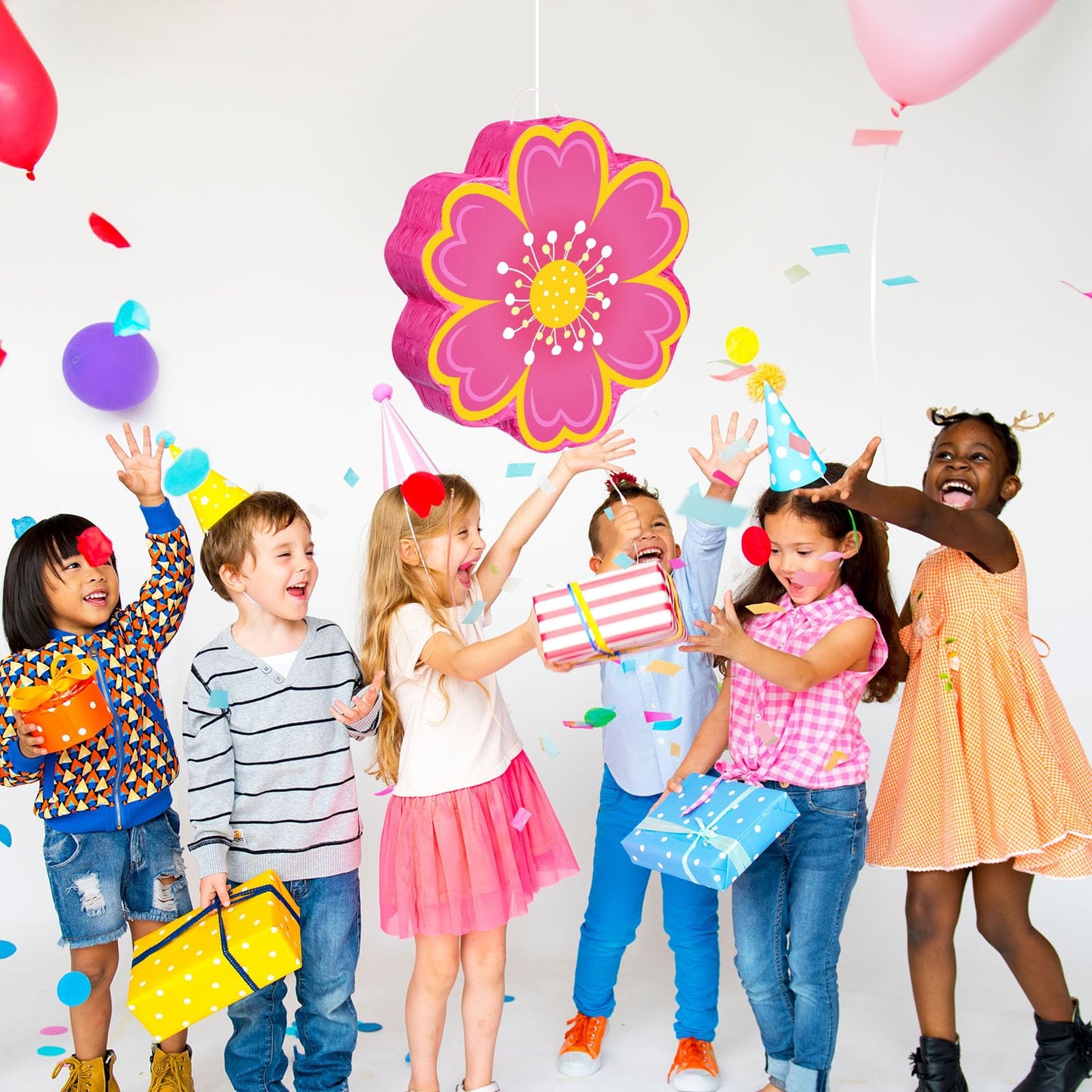 Aoriher Daisy Flower Piñata Set with Blindfold and Bat Pink Flower