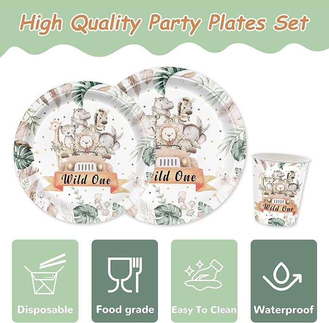 168PCS Wild One Party Supplies for Boys Girls Kids Jungle Animals