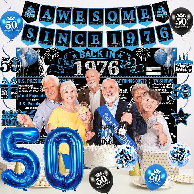 50th Birthday Decorations for Men Black Blue Back in 1976 Poster