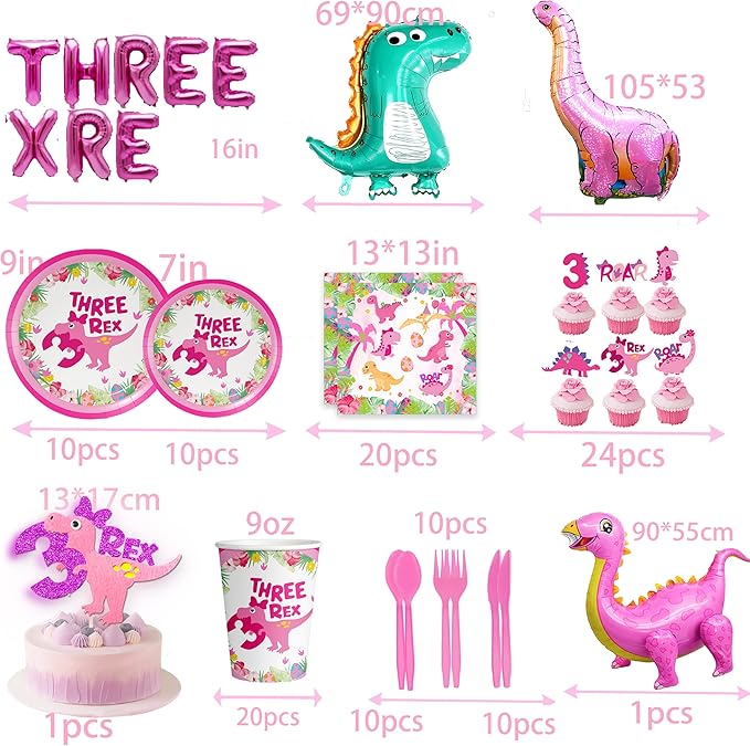 Pink Three Dino Rex Birthday Party Decorations Dinosaur 3rd Birthday