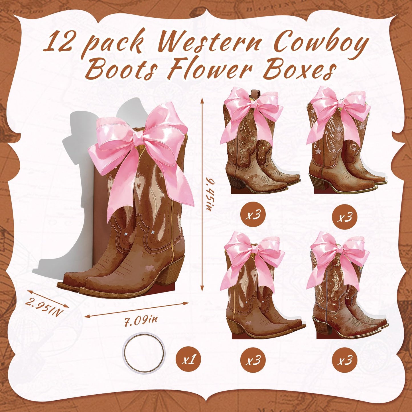 Memorywuu 12 Set Brown Western Cowboy Bow Boots Flower Boxes
