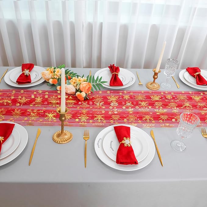 Snowkingdom Red Table Runner, 120 Inches Long Sheer Tulle with Gold