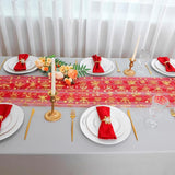 Snowkingdom Red Table Runner, 120 Inches Long Sheer Tulle with Gold