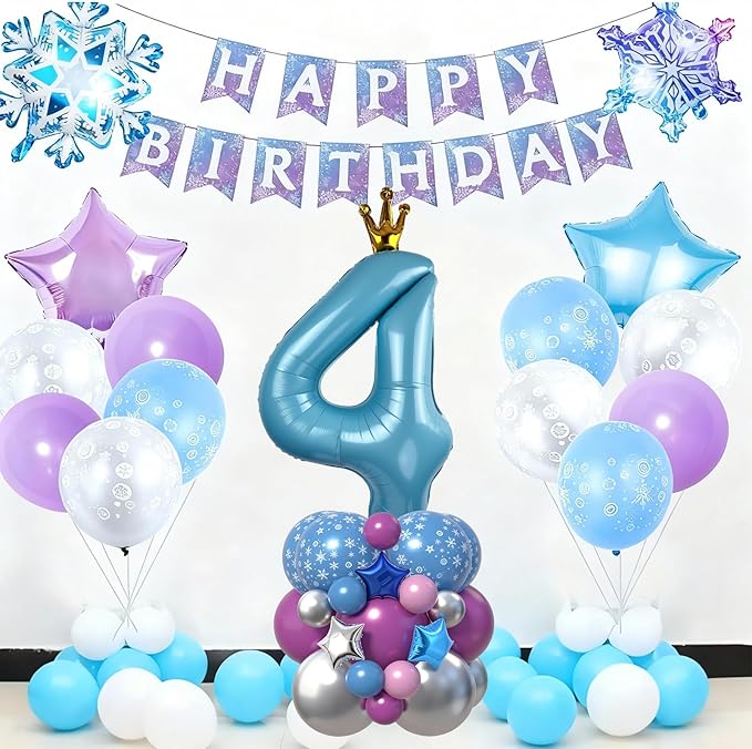 40 Inch Blue Number 4 Balloon Tower Set Winter Ice Princess Theme