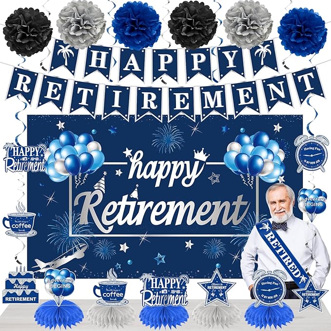 20PCS Retirement Party Decorations Kit for Men Blue Silver