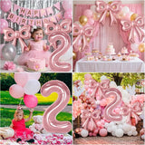 Bow Number 2 Birthday Balloons, 40” Pink Aluminum Foil Balloons Happy