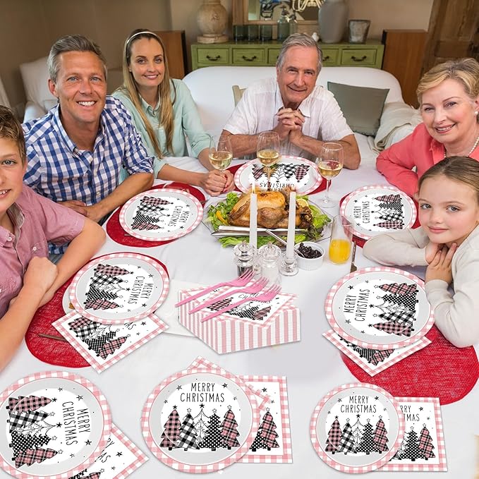 96PCS Merry Christmas Tree Party Plates and Napkins Pink Gingham