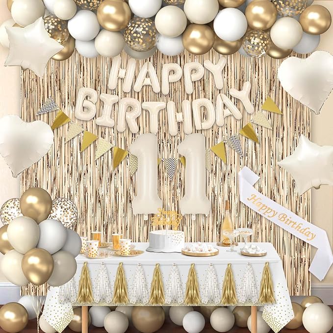 11th Birthday Decorations for Girls, White and Gold 11 Boho Birthday