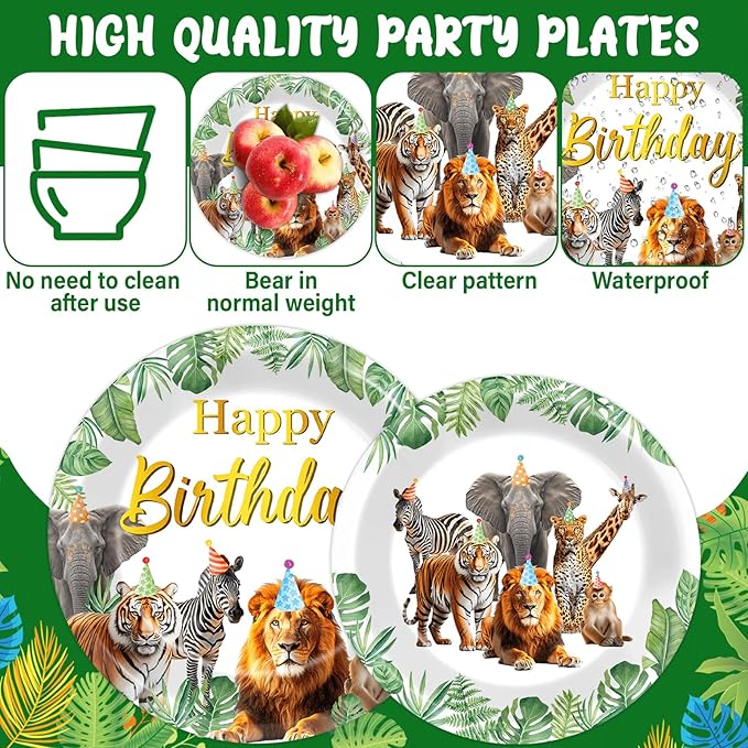 96Pcs Jungle Animals Plates and Napkins Safari Happy Birthday Party