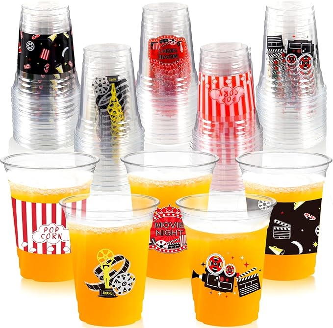 100 Pcs Movie Night Cups 12 Oz Clear Disposable Plastic Drinking