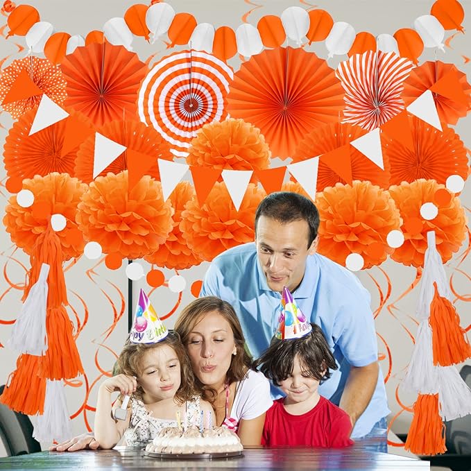 ZERODECO Party Decorations, 41 Pcs Orange Papar Fans Pompoms Garlands